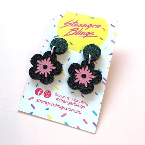 Tropicana Black Glitter Mini Flower Dangles