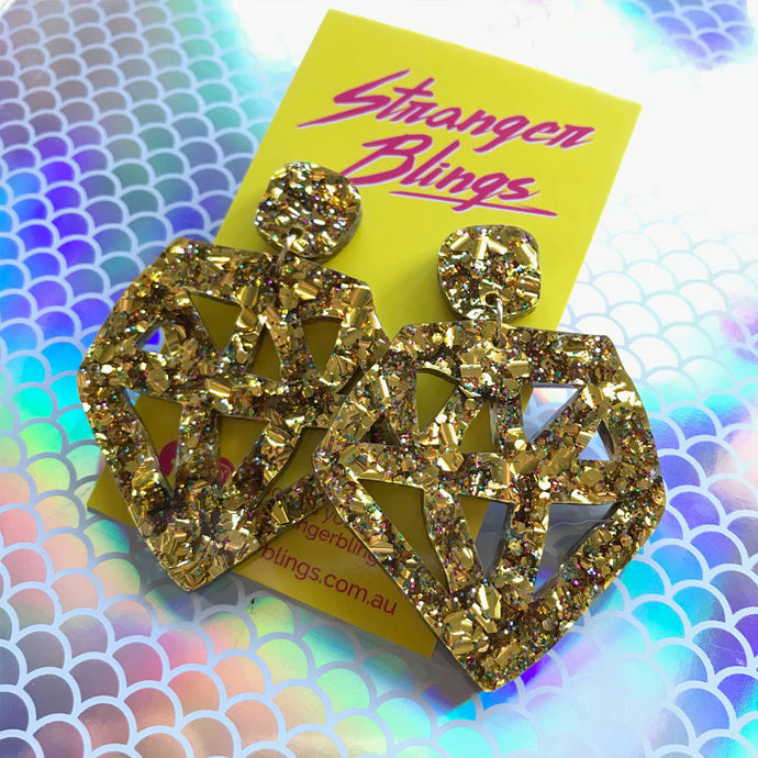 Rebel Diamond Mega Chunky Gold Glitter Statement Dangles